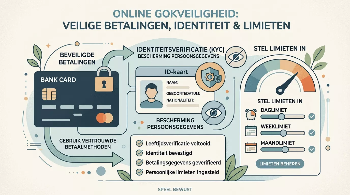 Illustratie van betaalcontrole, identiteitskaart, limieten en een rustige checklist