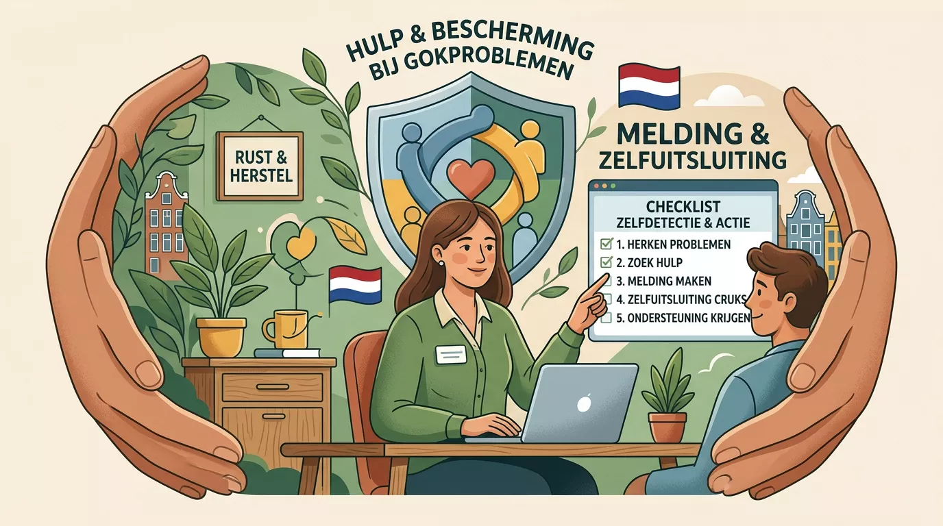 Rustige illustratie van hulpbronnen, een gokstop, een meldroute en ondersteunende handen