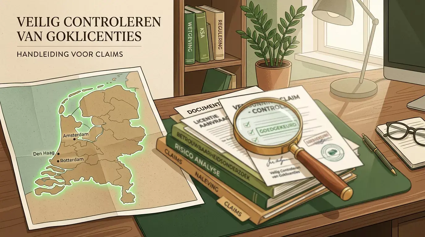 Rustige illustratie van een licentiecontrole met documenten, een vergrootglas en Nederlandse context