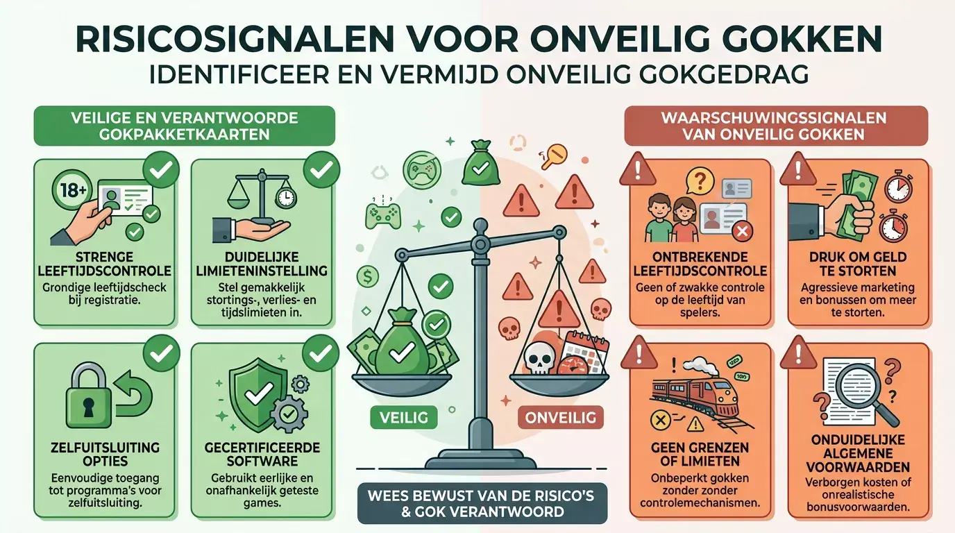 Illustratie van waarschuwingssignalen bij een goksite met duidelijke rode en groene controlepunten